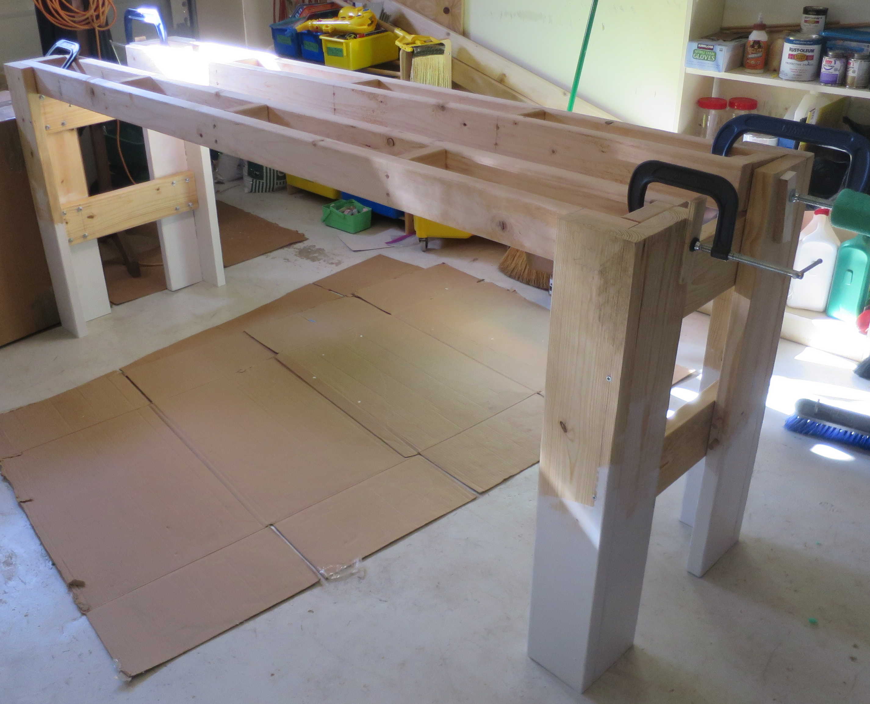 Front View Both Table Legs with clamped to main beams